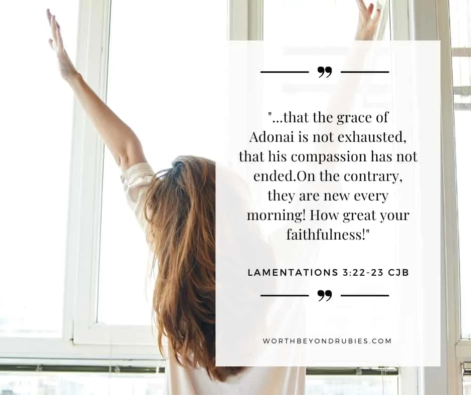 An image a woman with long brown hair sitting up in bed facing windows with her arms up stretching and Lamentations Lamentations 3:22-23 CJB quoted - Giving Grace