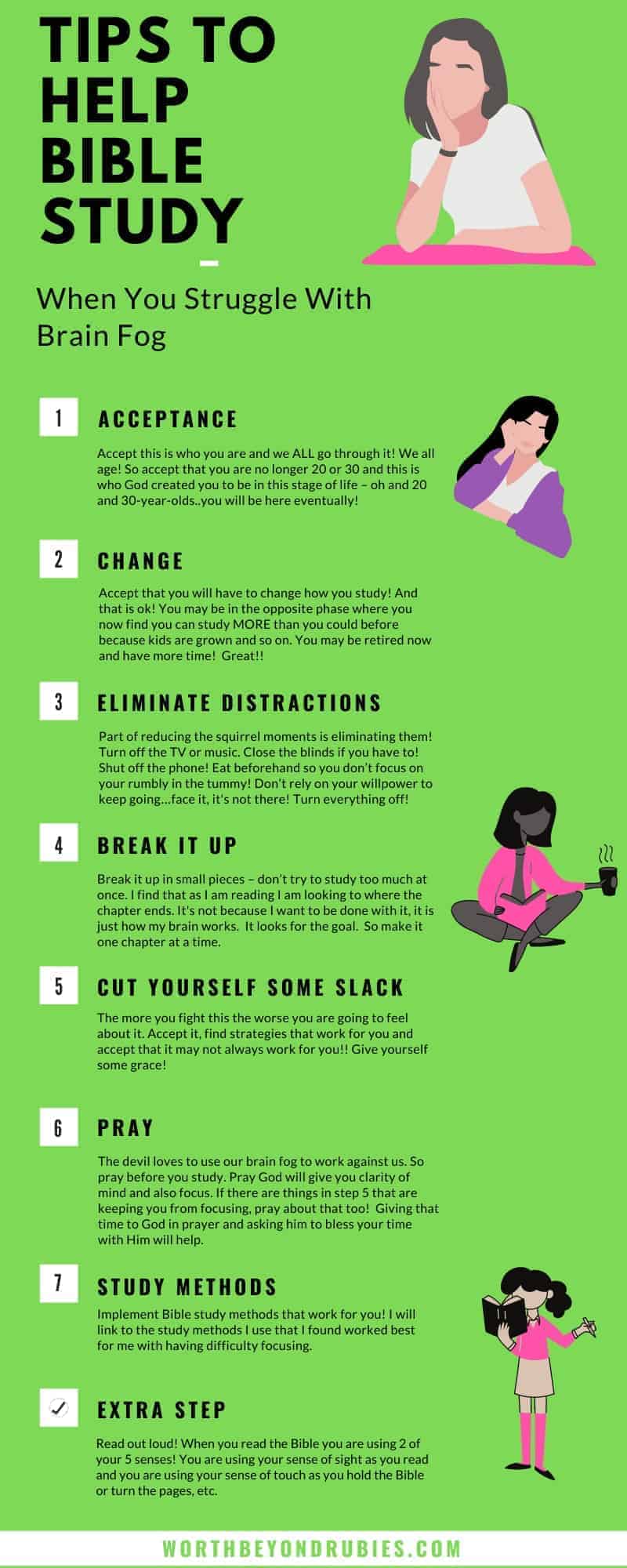 Menopause Brain Fog and Bible Study - How to Break Through That Fog! 6 An infographic in lime green listing the 7 steps to deal with menopause brain fog that can be found in the video on the post on Menopause Brain Fog