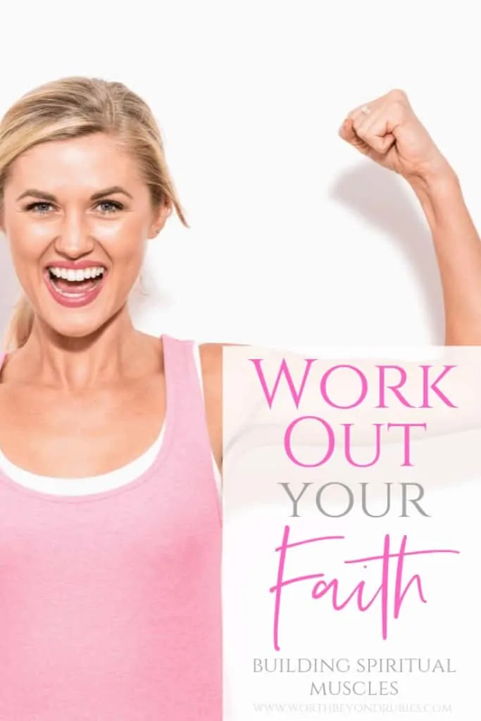Work Out Your Faith - Building Spiritual Muscles - A blonde woman in a pink tank top with her arms up making muscles