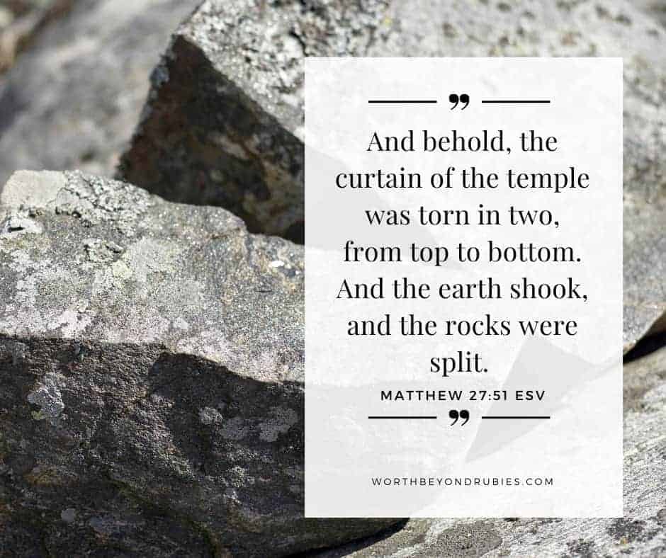 Prayer is Being in Conversation With God, So Why Aren't We Listening? 5 An image of a split boulder and Matthew 27:51 ESV quoted