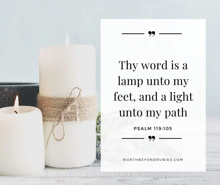 Thy Word is a Lamp Unto My Feet - The Power of the Word of God - an image of two pillar candles with lavender alongside them and Psalm 119:105 written