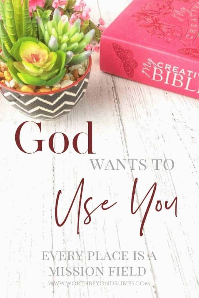 God Wants to Use You - Encouraging Others: A white, wooden table with a plant and a red Bible