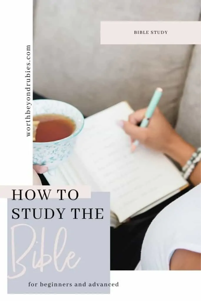 How to Study the Bible for Beginners- a woman reclining back on a couch writing in a notebook that rests on her legs
