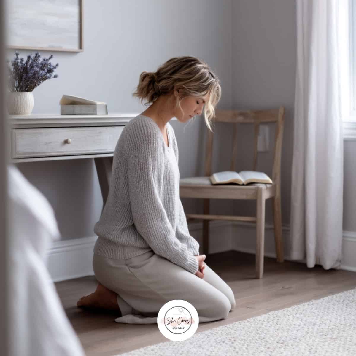 a woman on her knees in prayer