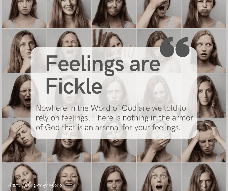a collection of images of a woman making different emotional faces and text that says Feelings are Fickle