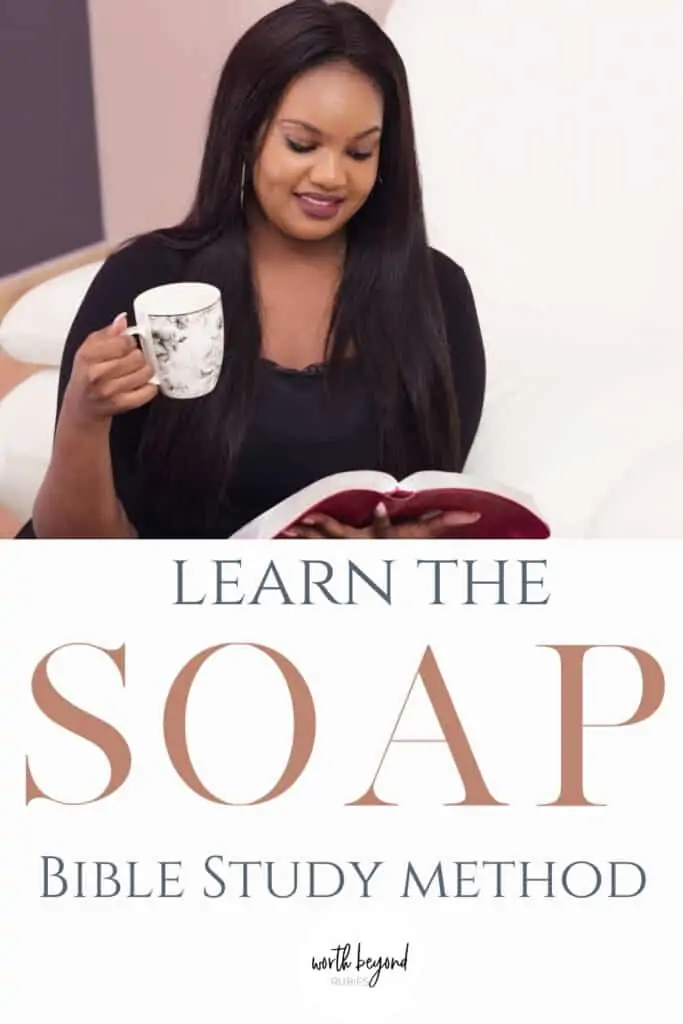 Beautiful black woman holding a coffee cup and looking at her Bible and text that says Learn the SOAP Bible Study Method