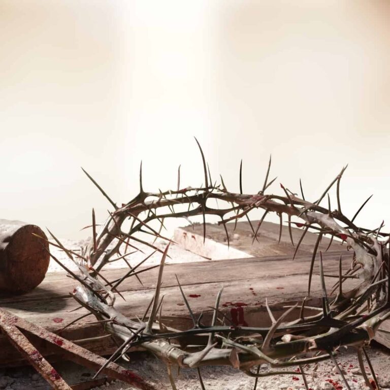 An image of a crown of thorns lying on the wood of a cross next to two nails and a hammer - A Remez