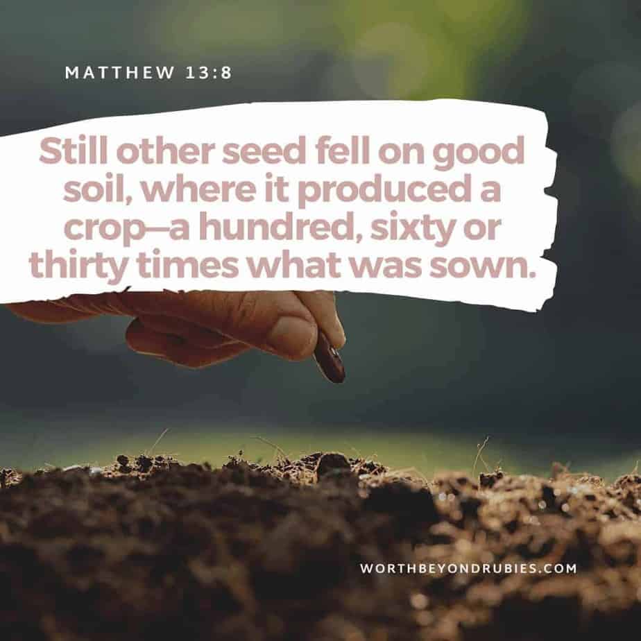 An image of someone planting a seed with Matthew 13:8 as a text overlay