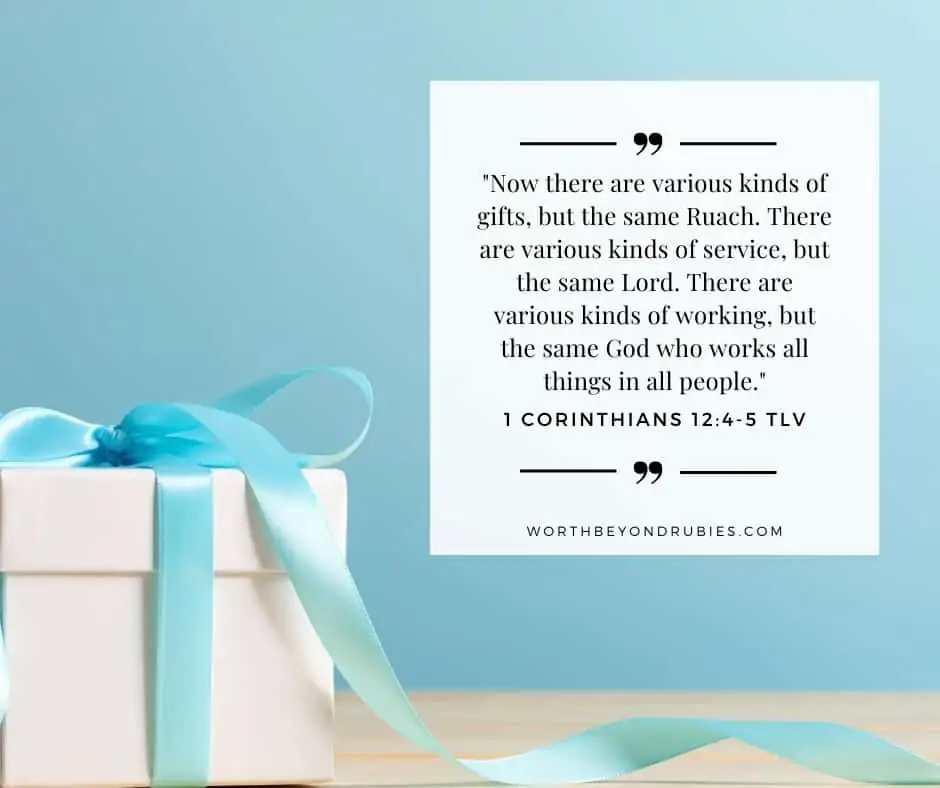An image of a white gift box wrapped with light blue ribbon against a blue background and 1 Corinthians 12:4-5 quoted from the Tree of Life Version