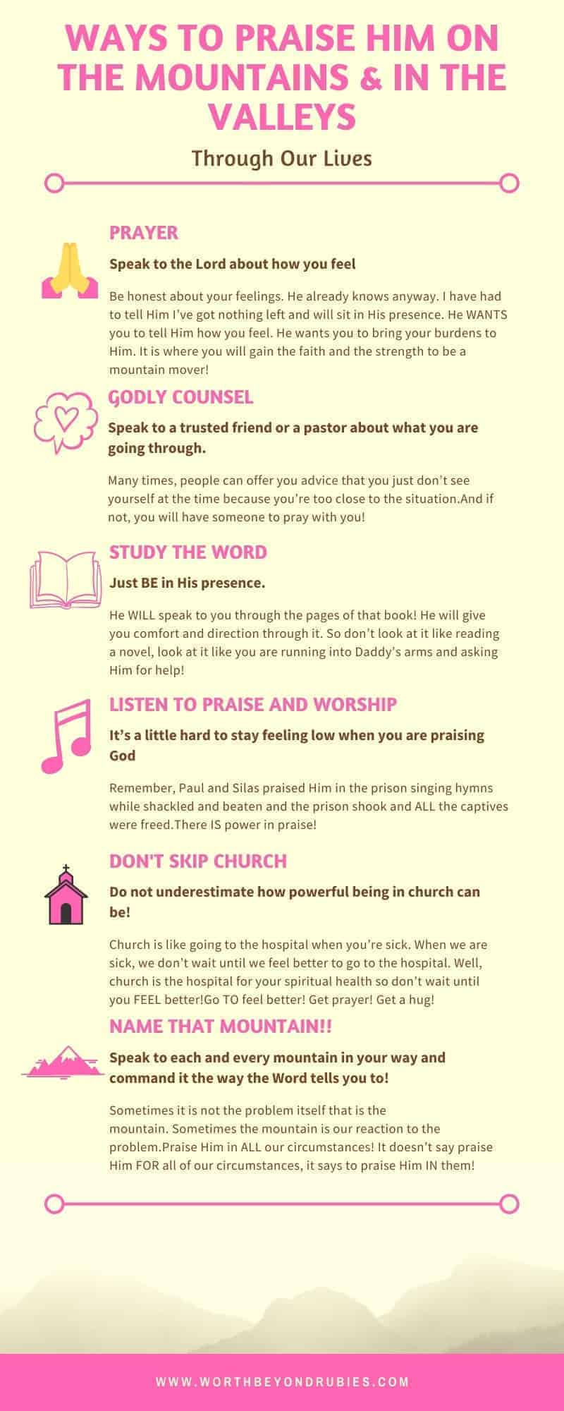 Going Through the Mountains and Valleys in Life - 7 Ways to Praise 4 An infographic about ways to praise God in the mountains and valleys
