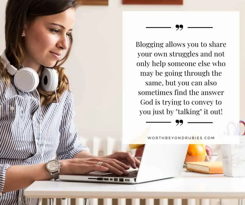 Attractive young woman working on her blog with headphones around her neck and text from the article quoted - Christian Lifestyle blogs