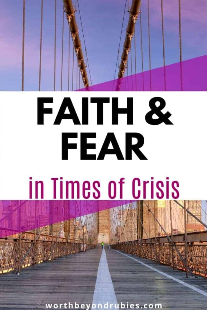 an image of an empty Brooklyn Bridge and a text overlay that says Fear and Faith in Times of Crisis