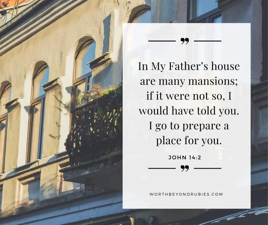 An image of a mansion and John 14:2 quoted - The New Jerusalem