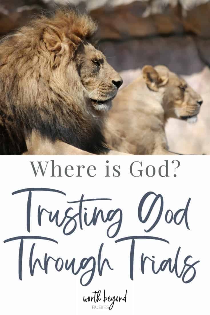 Trusting God Through Trials - Where is God? 1 an image of a male and female lion looking off to the side and text that says Where is God? - Trusting God Through Trials