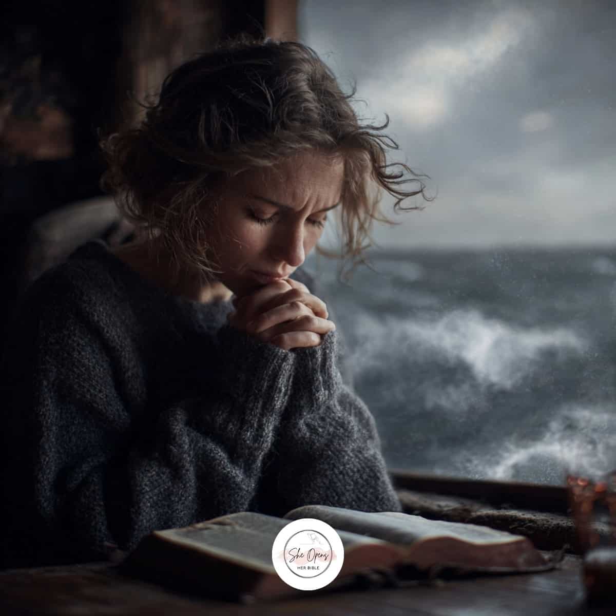 a woman sitting at a table with her hands folded in front of a window