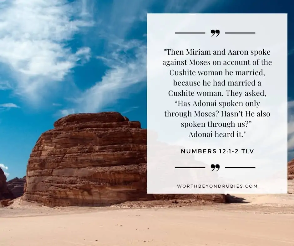 Landscape of the Sinai Desert and a text overlay with Numbers 12:1-2 quoted in the Tree of Life Version