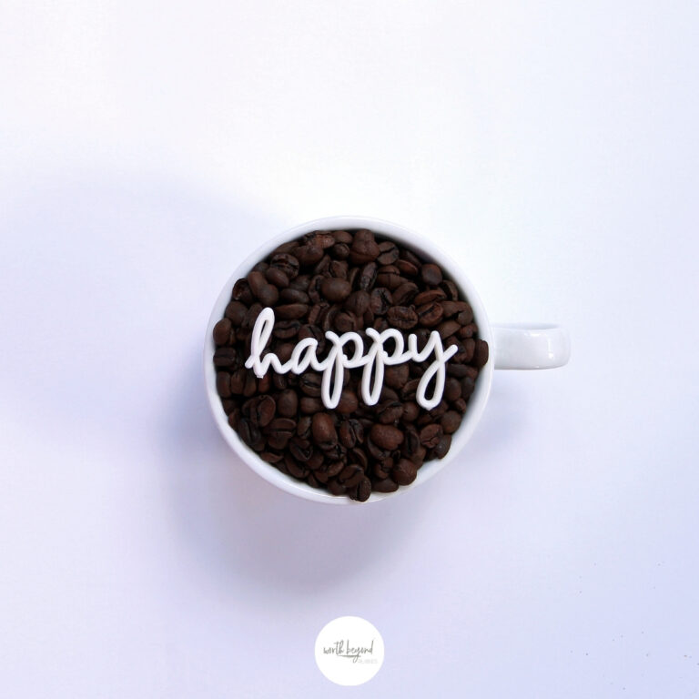 An image of a mug filled with coffee beans and the word happy written in script on top of it with a text overlay that says Why You Should Not Pray for Happiness