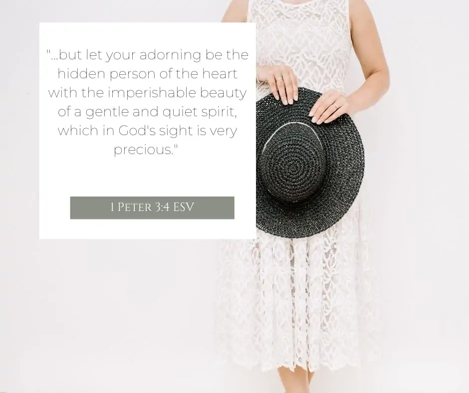 A woman from the neck down in a dress holding a black hat in her hand and Peter 3:4 quoted from the ESV