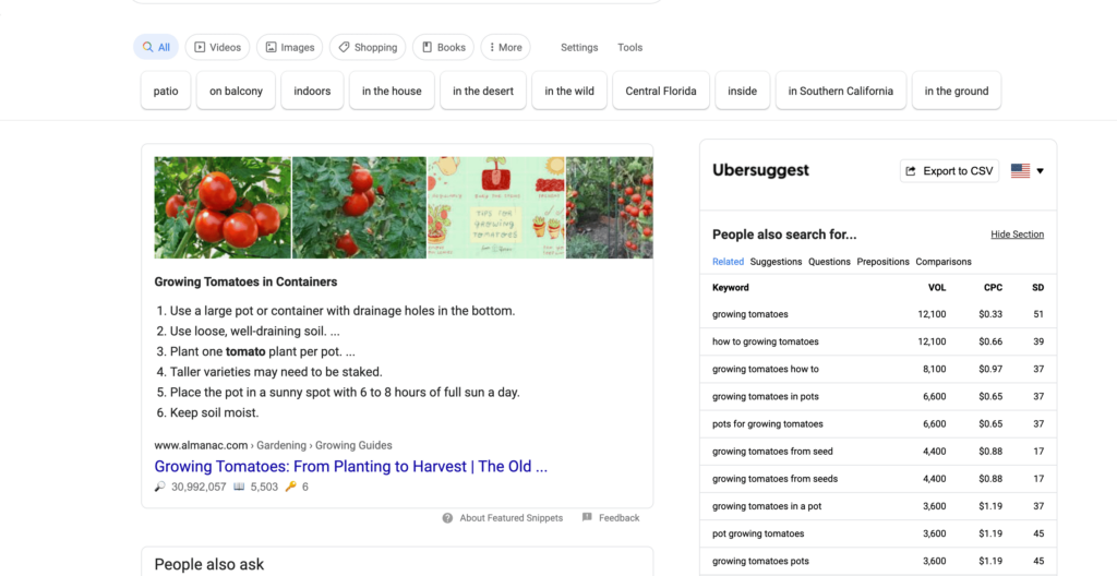 My Favorite Blogging Resources for Faith Bloggers 12 A screenshot of google search results for "growing tomatoes" and a look at the Ubersuggest extension on the right of the screen giving me the volume and competition for that keyword