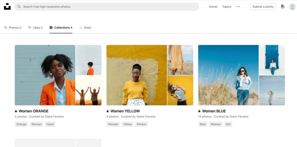 My Favorite Blogging Resources for Faith Bloggers 14 A screenshot of unsplash.com showing my collection of images of women based on various colors in the images, like yellow, blue, orange
