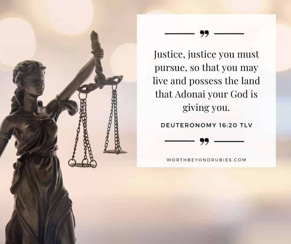What Does it Mean to Be Holy and Blameless in the Bible? 2 An image of a statue of Lady Justice and Deuteronomy 16:20 quoted from the Tree of Life version - Holy and Blameless post