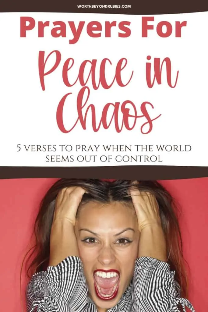 An image of a black woman against a red background with her hands on either side of her forehead and her mouth open like she is screaming and a text overlay that says Prayers for Peace in Chaos - 5 Powerful Scriptures to Pray
