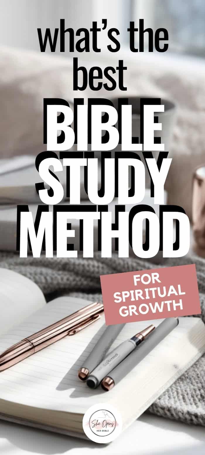 7 Bible Study Methods That Will Transform Your Quiet Time (Even if You’re a Beginner!) 1 Flat lay of an open journal with gray and rose gold pens on a cozy gray knit blanket, with bold text that reads “What’s the Best Bible Study Method for Spiritual Growth?” — ideal for Pinterest users looking for Bible study tips and spiritual growth strategies.