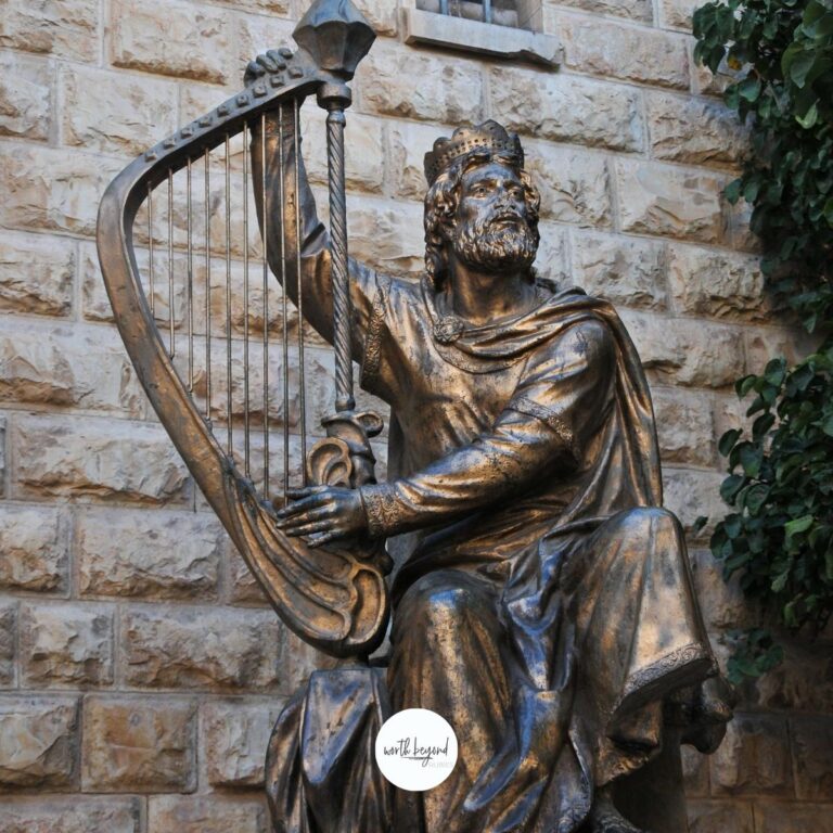 a statue of King David playing the lyre outside David's tomb