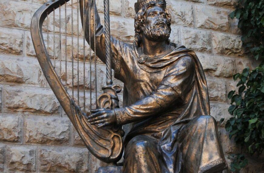 a statue of King David playing the lyre outside David's tomb