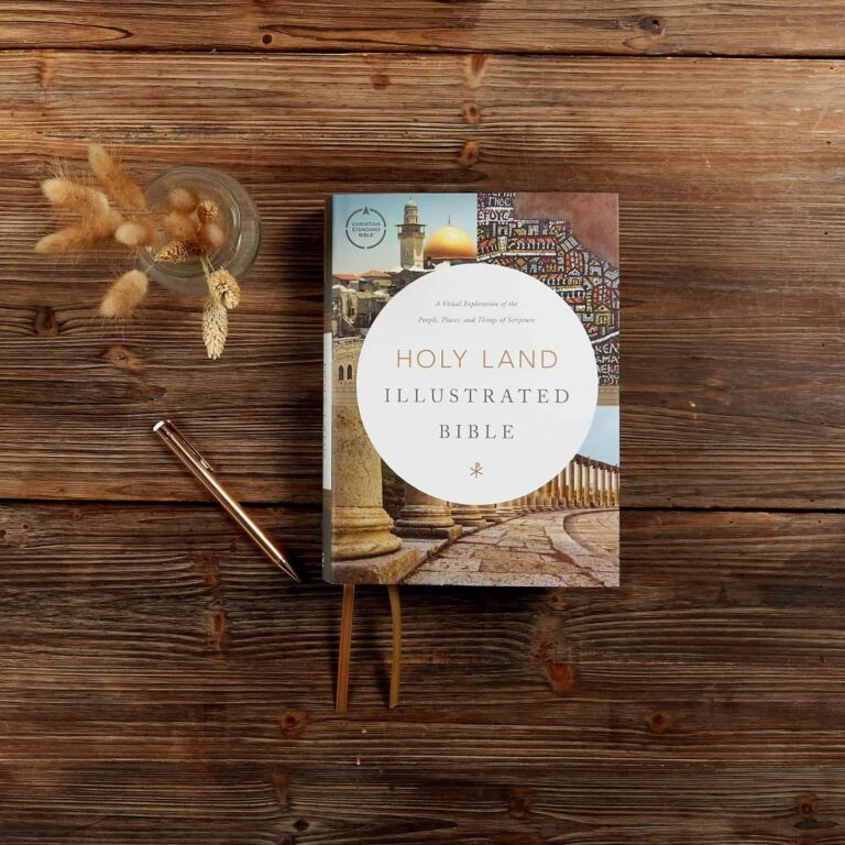 an image of the Holy Land Illustrated Bible on a wooden table with what looks like wheat next to it