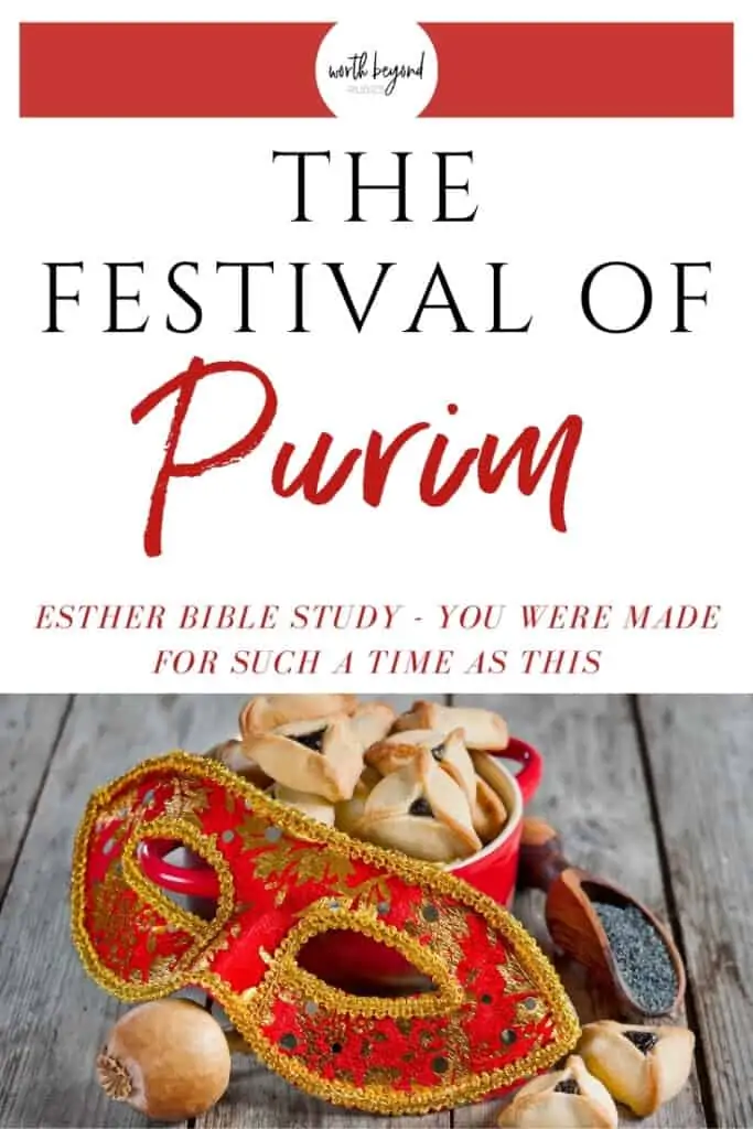 an image of a mask and hamentaschen and walnuts on a wooden table and text that says The Festival of Purim - Esther Bible Study - You Were Made for Such a Time as This