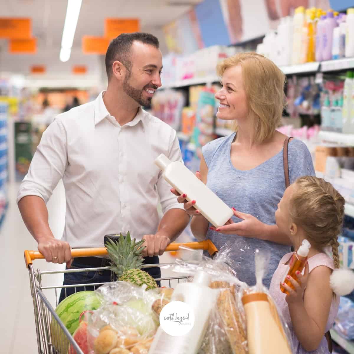 Family with kid picking cleaning products in supermarket for post called Serving God in the Every Day - Serve the Lord With Gladness