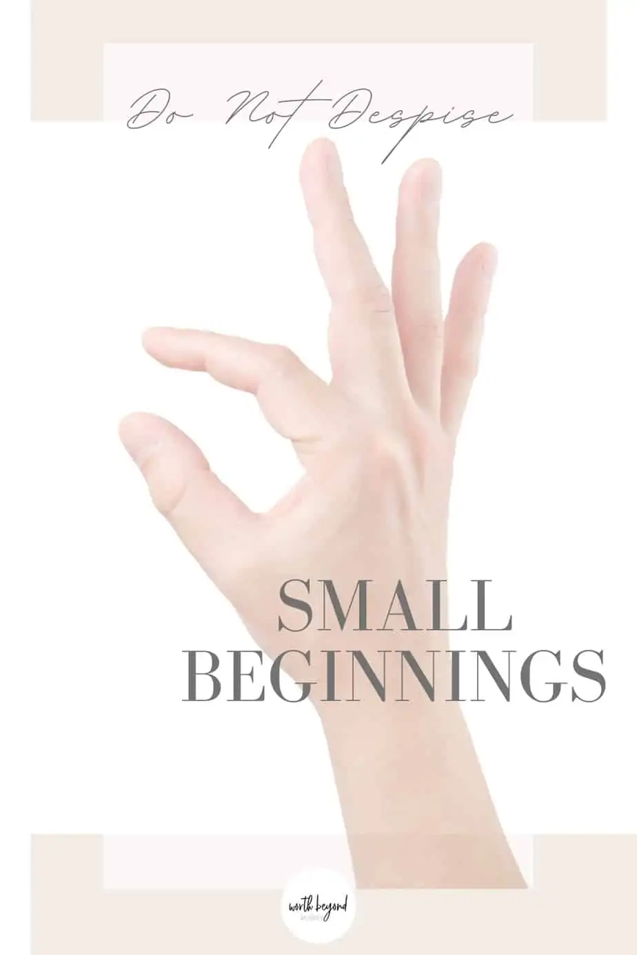 fingers making the symbol for small and text that says Do Not Despise Small Beginnings