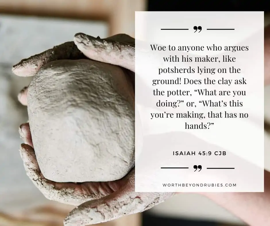 an artists hands sculpt a ball of clay and Isaiah 45:9 quoted in the Complete Jewish Bible