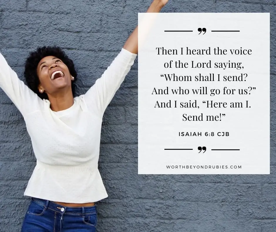 woman with hands raised and Isaiah 6:8 quoted in Complete Jewish Bible