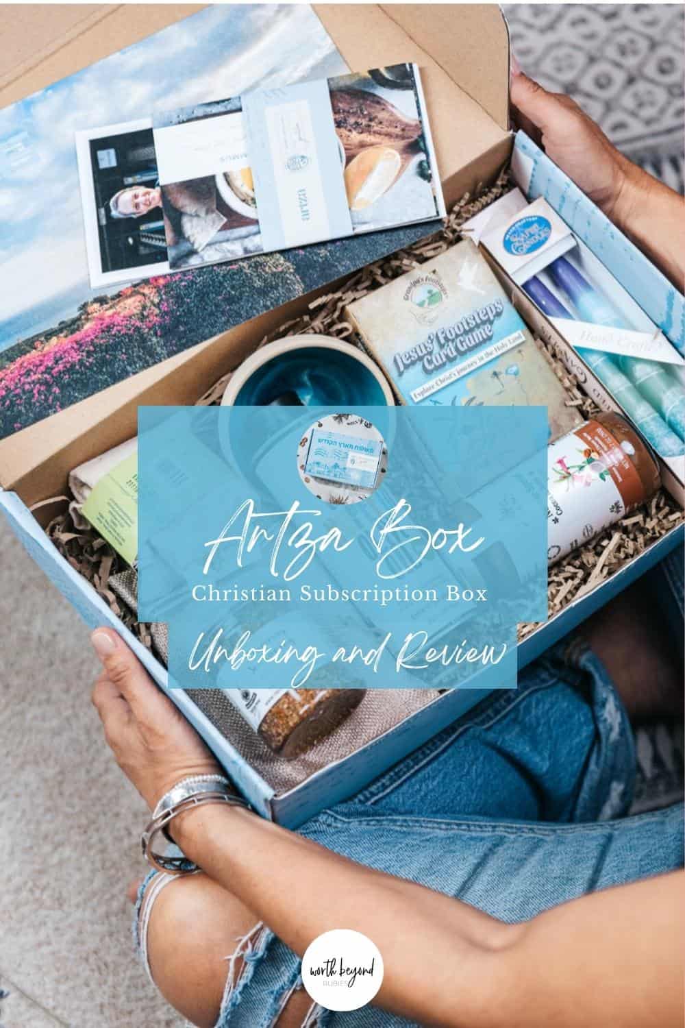 Artza Box Subscription Box with text overlay that says Artza Box Christian Subscription Box Unboxing and Review