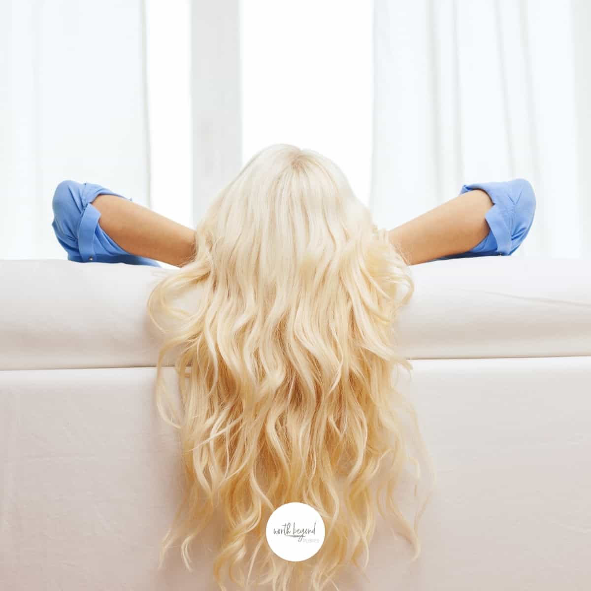 A blonde woman resting against the back of a couch with hands behind her head and text that says Keeping the Sabbath - 11 Ways to Keep the Sabbath Holy