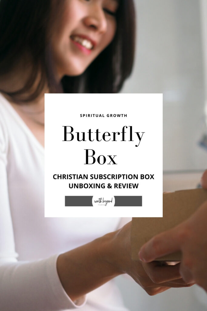 A woman receiving a package and text that says Butterfly Box Christian Subscription Box Unboxing and Review