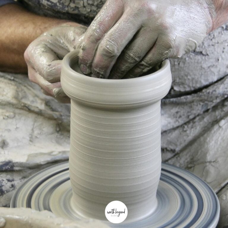 the potter and the clay on a wheel with the Worth Beyond Rubies logo at bottom for post on The Potter and the Clay