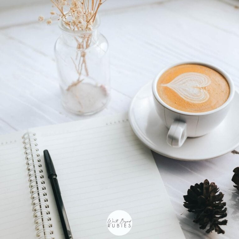 an image of a latte and a journal with a pen on it with pine cones next to it and the Worth Beyond Rubies logo at the bottom for post on Expressing Gratitude to God