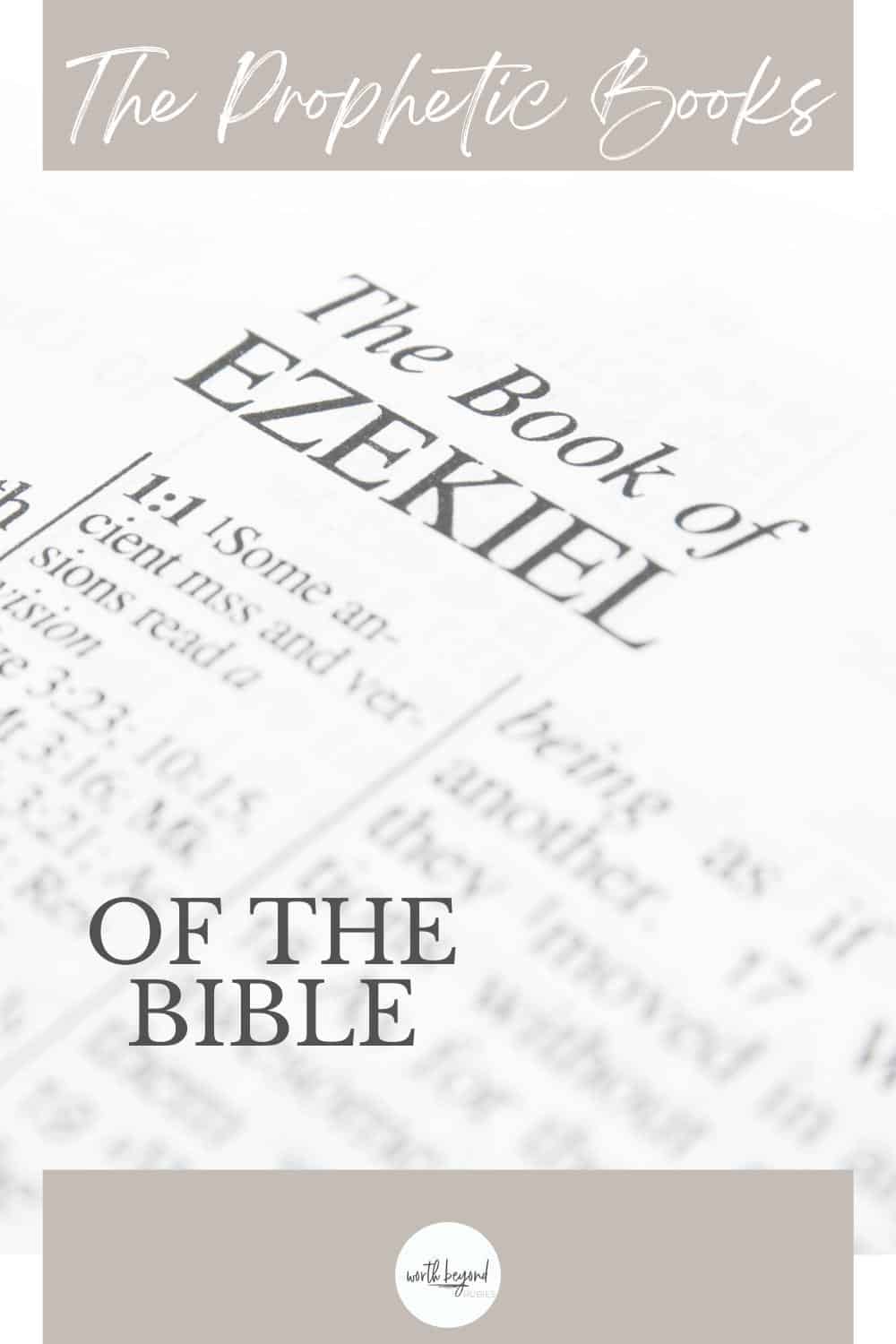 An image of the title page of the Book of Ezekiel in the Bible and text overlay that says The Prophetic Books of the Bible and the Worth Beyond Rubies logo at the bottom