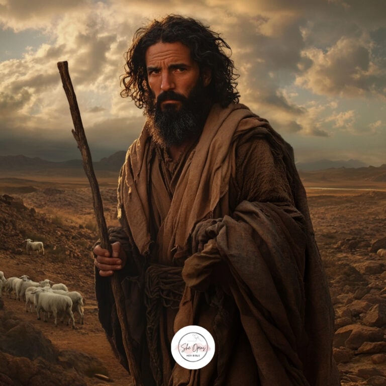 a man with a beard and long hair holding a staff in a desert