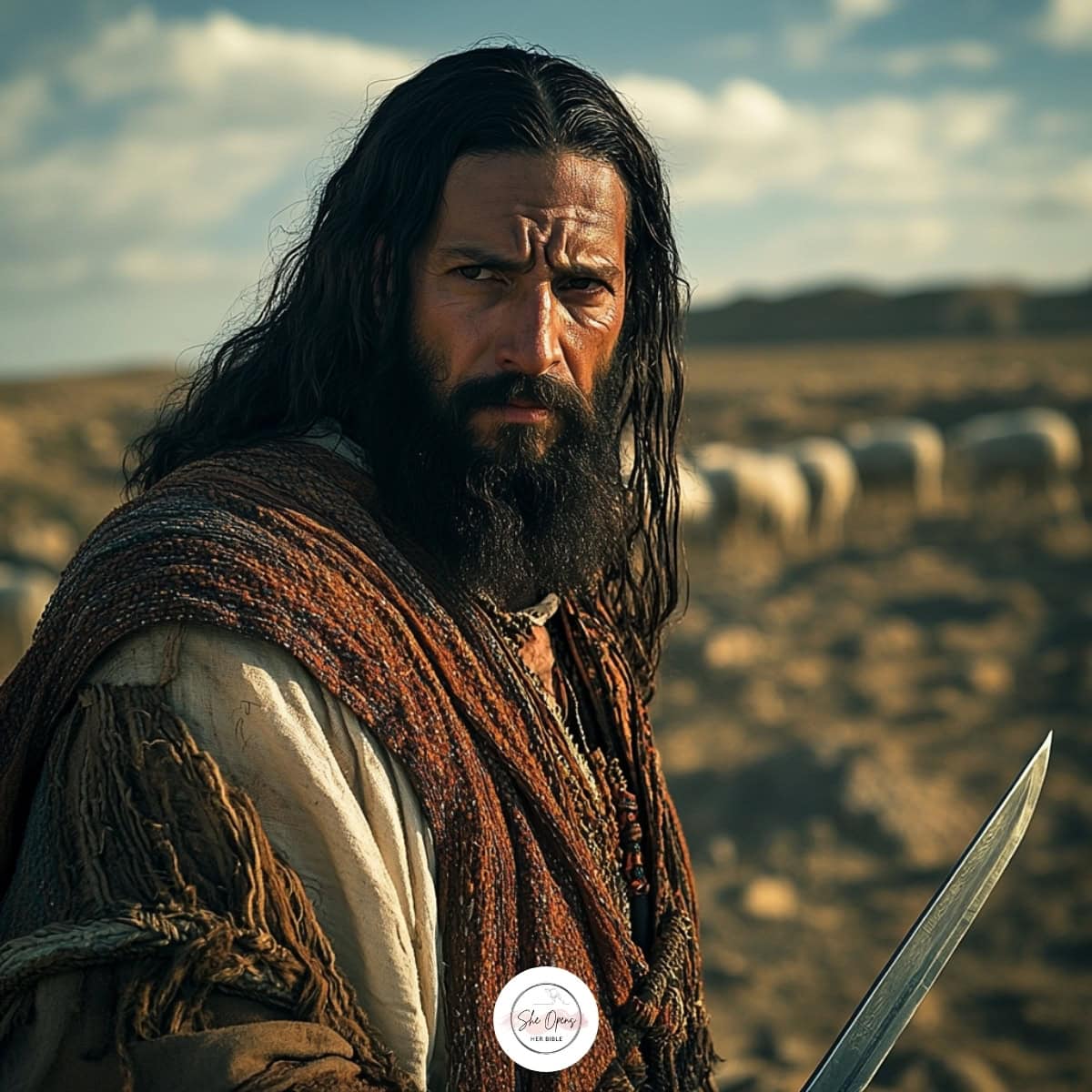 a man with a beard and long hair holding a sword in a field of sheep