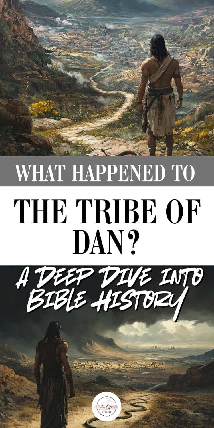 Two scenes featuring a man walking ancient paths toward distant cities nestled in vast, rugged terrain. The imagery evokes historical loss and mystery. Text overlay reads: "What Happened to the Tribe of Dan? A Deep Dive Into Bible History"
