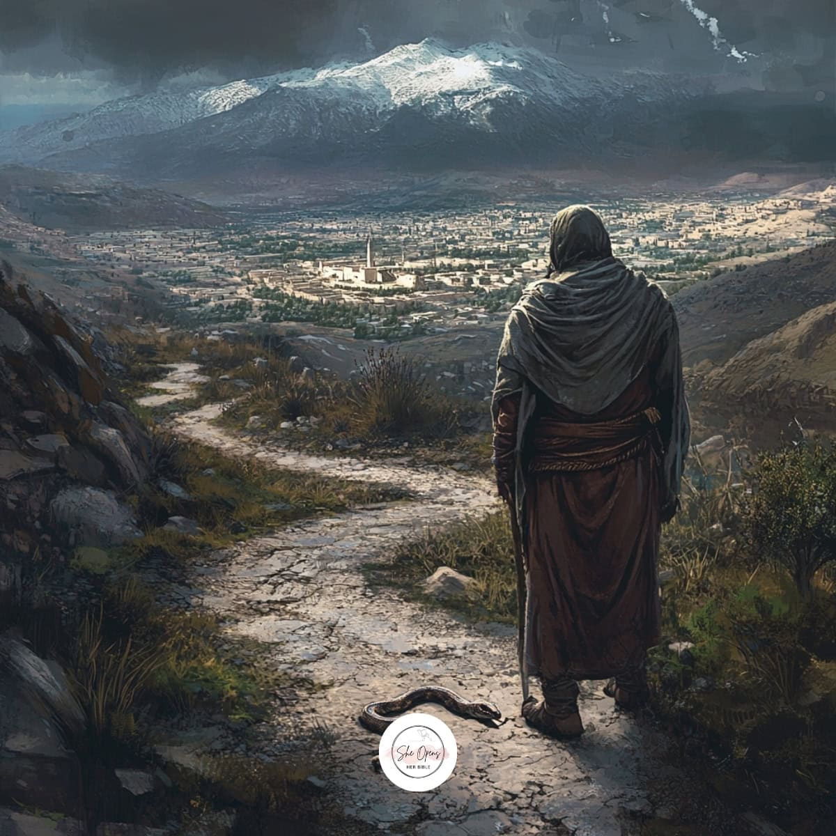a man standing at the end of a path overlooking a city in the distance and a serpent is at his feet.