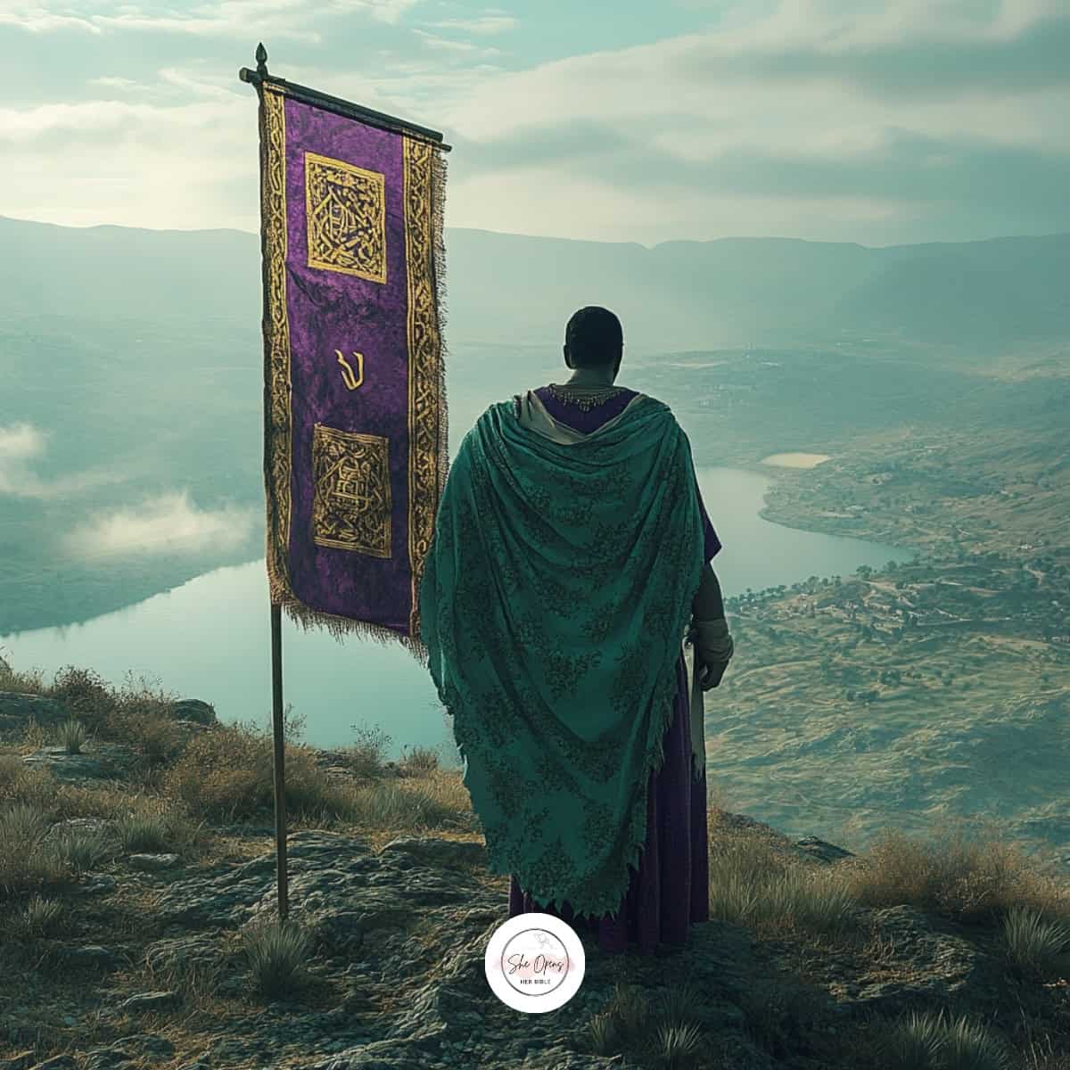 a man standing on a hill looking at a flag