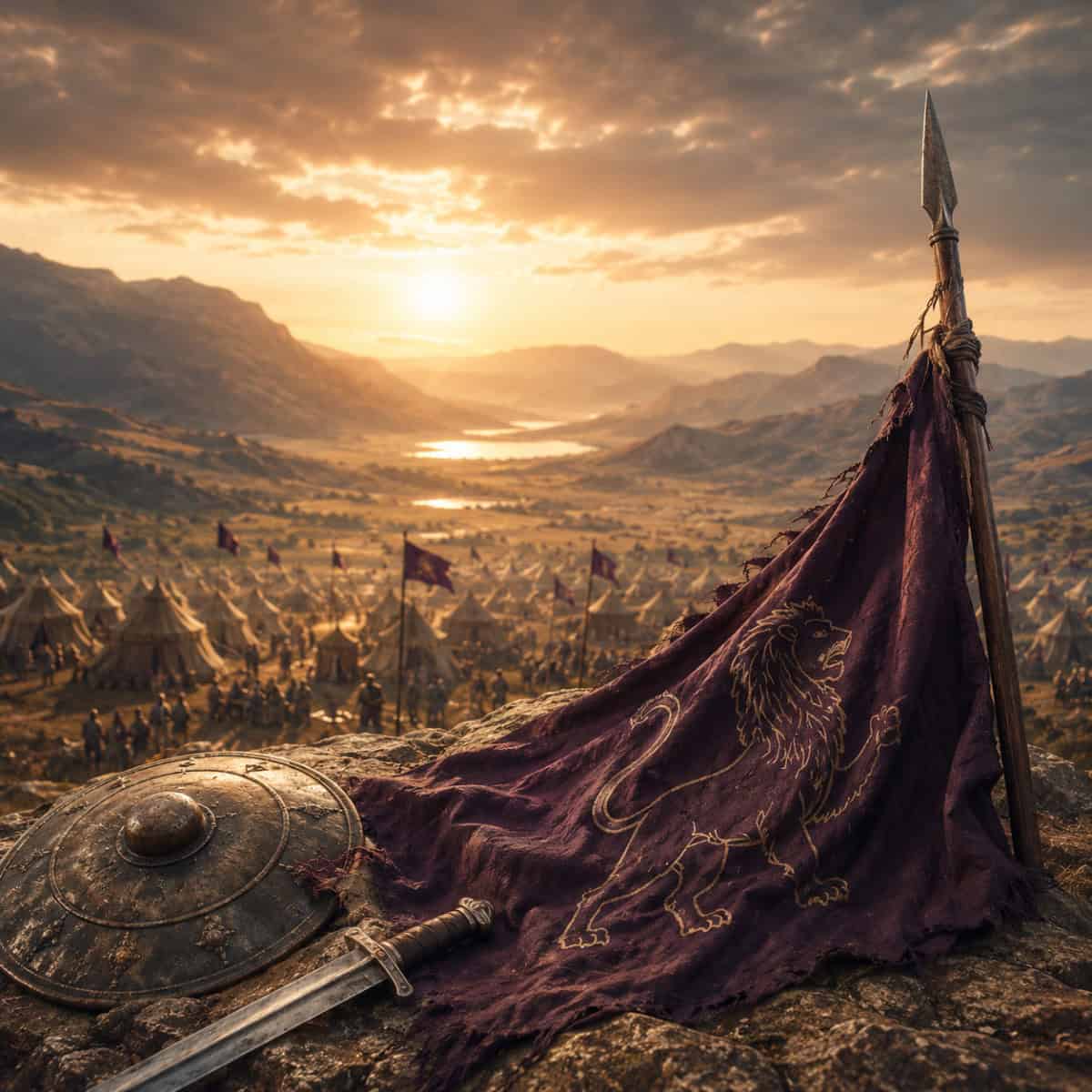 Medieval camp with lion banner
