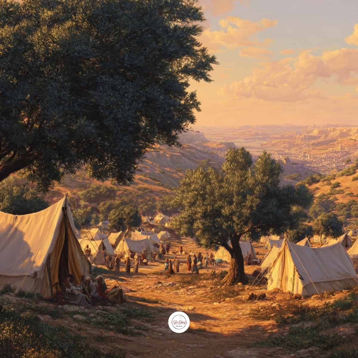 Tents in a serene landscape at sunset.