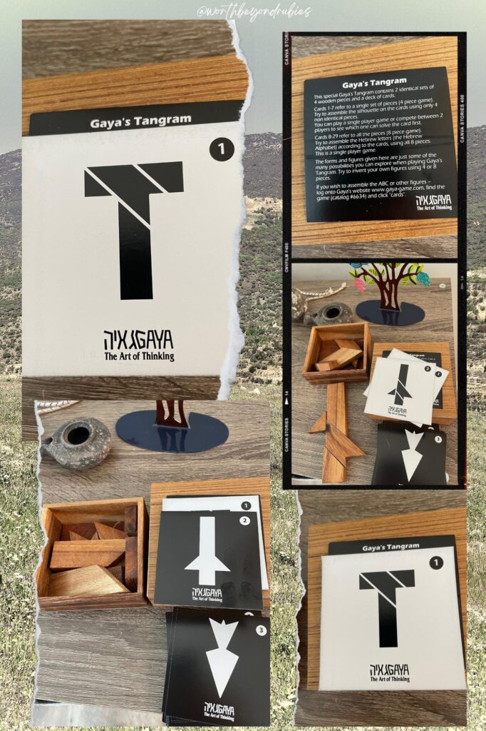 A collage of a wooden puzzle called Gaya's Tangram from Artza Box
