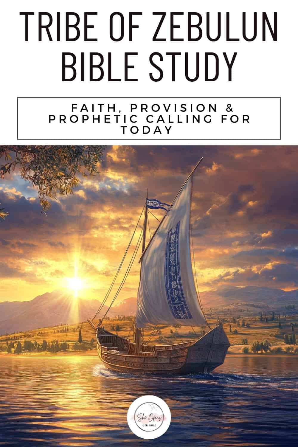 The Tribe of Zebulun: Origins, Symbolism, and Prophetic Legacy 1 Tribe of Zebulun Bible Study Pinterest graphic featuring a peaceful golden sunset over the Sea of Galilee, with an ancient-style ship sailing toward the light. Text overlay reads: Tribe of Zebulun Bible Study – Faith, Provision & Prophetic Calling for Today. Includes the She Opens Her Bible brand logo.